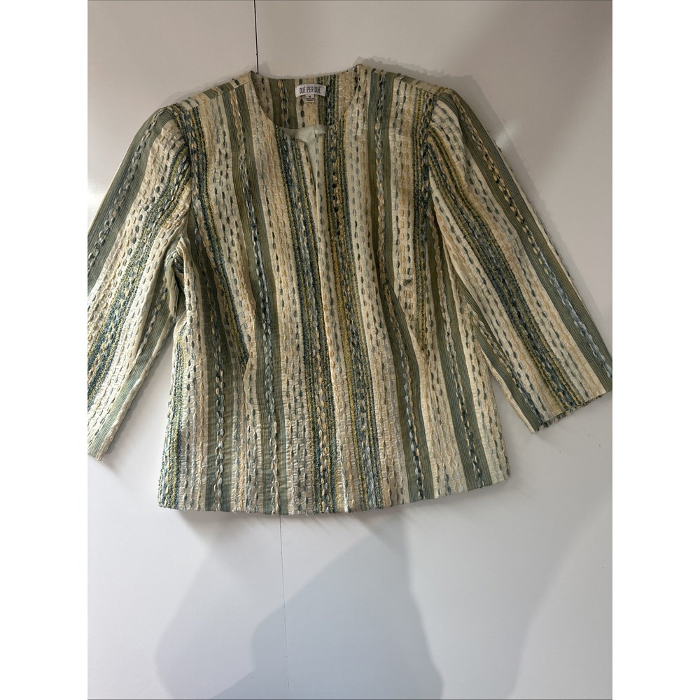 Due Per Due Blazer Women Green Crew Neck Open Front Silk Long Sleeve SIZE 10